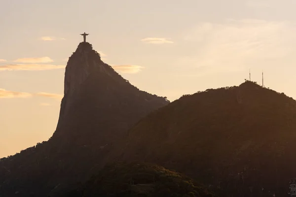 Прекрасний Захід Сонця Гори Корковадо Статуї Спасителя Христа Ріо Жанейро — стокове фото