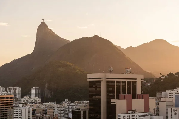 Gyönyörű Naplemente Kilátás Városra Corcovado Mountain Krisztus Szobra Rio Janeiro — Stock Fotó