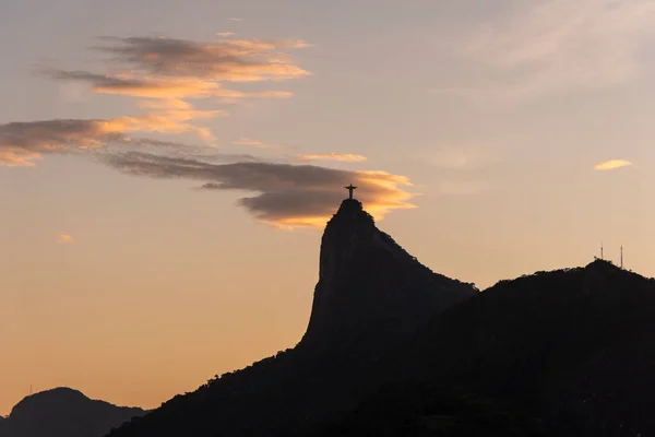 Belle Vue Coucher Soleil Sur Montagne Corcovado Statue Christ Rédempteur — Photo