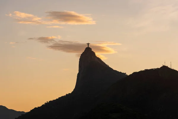 Όμορφη Θέα Ηλιοβασίλεμα Στο Βουνό Corcovado Και Χριστός Άγαλμα Του — Φωτογραφία Αρχείου