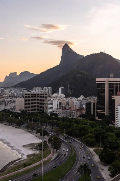 Gyönyörű Naplemente Kilátás Városra Corcovado Mountain Krisztus Szobra Rio Janeiro — Stock Fotó