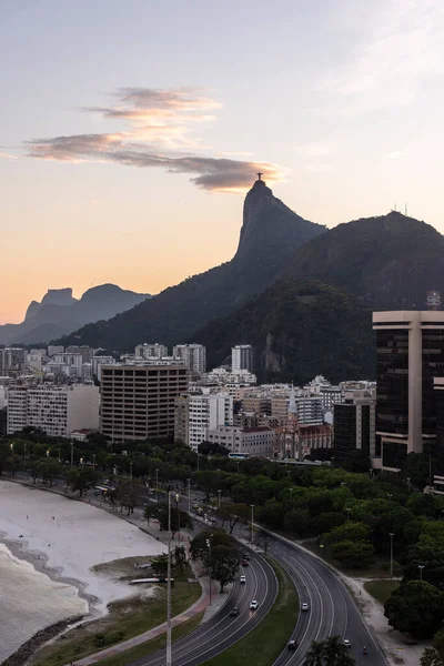 Piękny Widok Zachód Słońca Miasta Corcovado Mountain Chrystusa Statua Rio — Zdjęcie stockowe