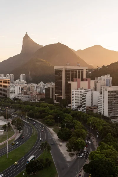 Hermosa Vista Atardecer Ciudad Corcovado Estatua Cristo Río Janeiro Brasil — Foto de Stock