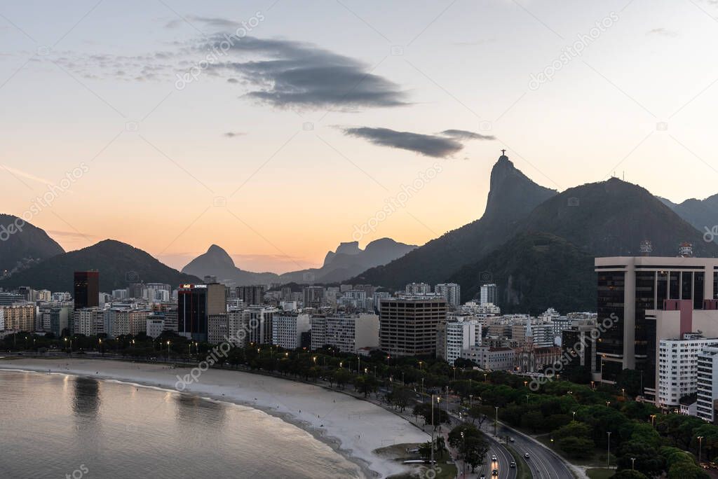 Beautiful sunset view to city, ocean and mountains, Rio de Janeiro, Brazil
