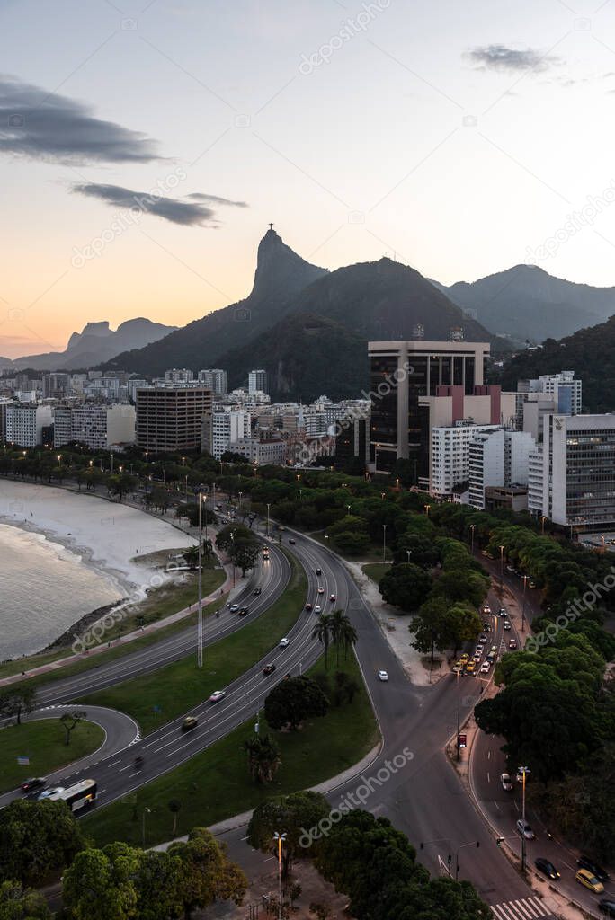 Beautiful sunset view to city, ocean and mountains, Rio de Janeiro, Brazil