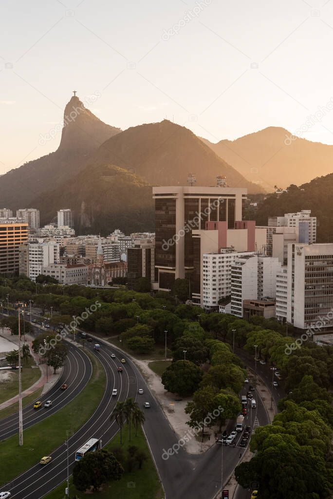 Beautiful sunset view to city, Corcovado Mountain and Christ Statue, Rio de Janeiro, Brazil