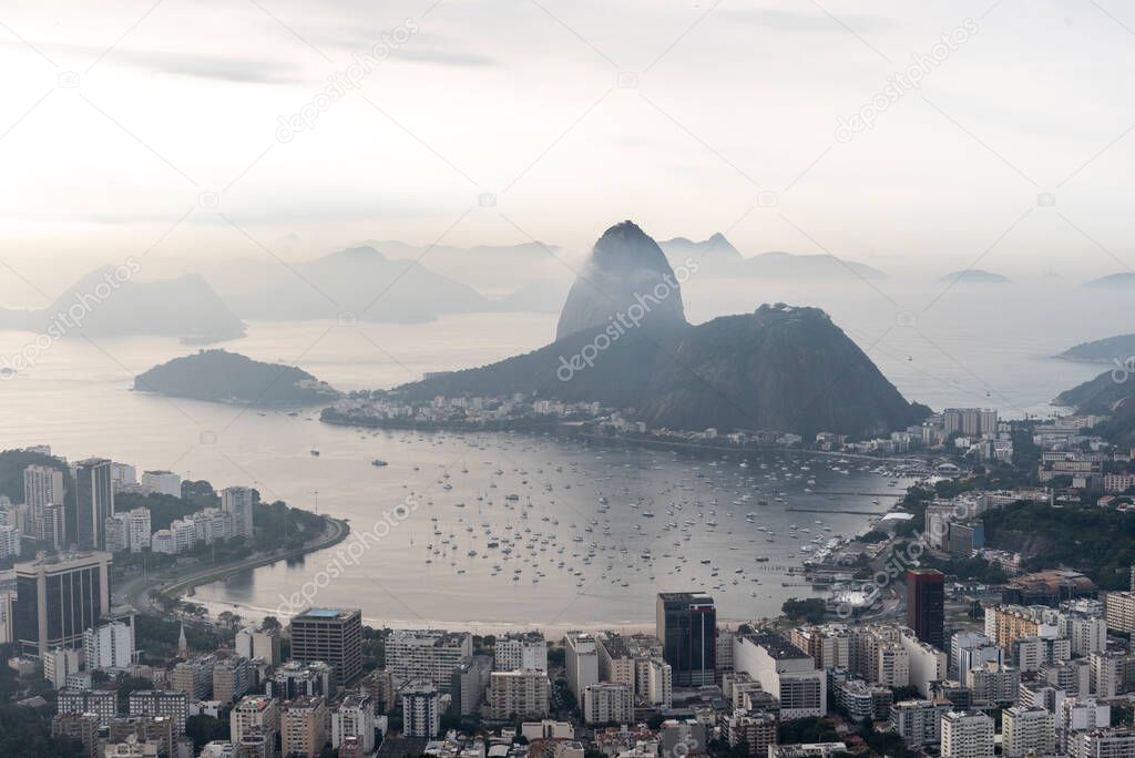 View to city, ocean and Sugar Loaf Mountain in Rio de Janeiro, Brazil