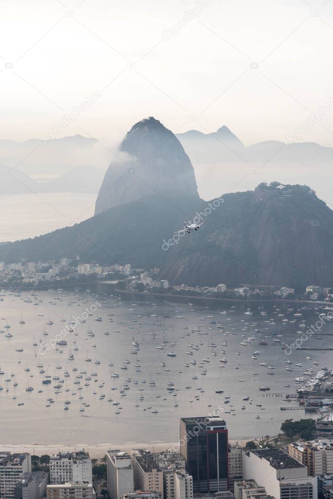 View to city, ocean and Sugar Loaf Mountain in Rio de Janeiro, Brazil