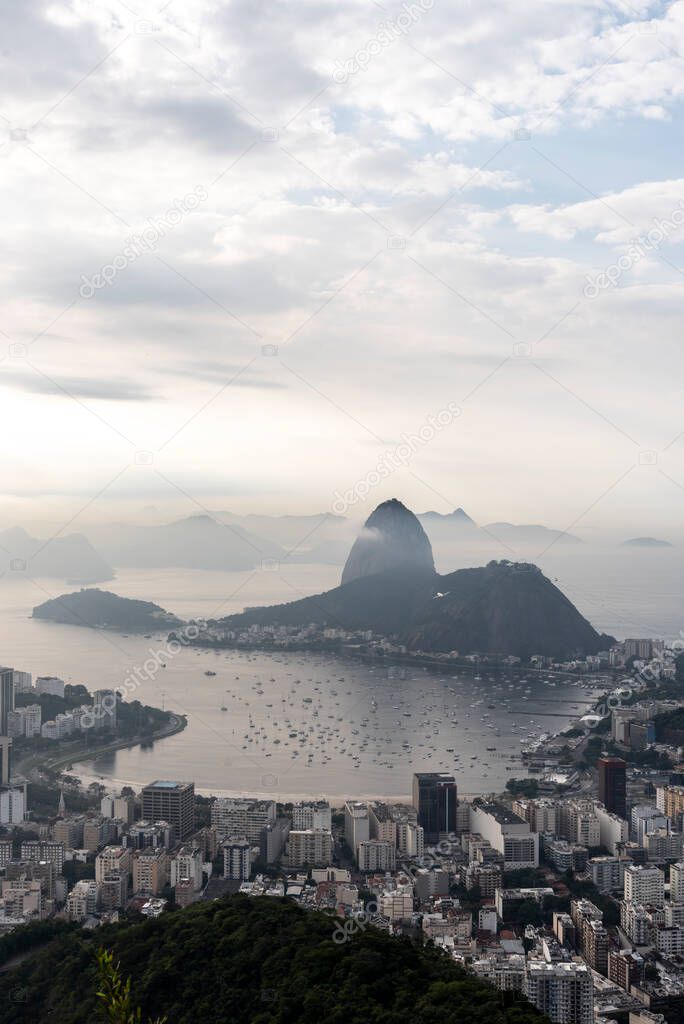 View to city, ocean and Sugar Loaf Mountain in Rio de Janeiro, Brazil