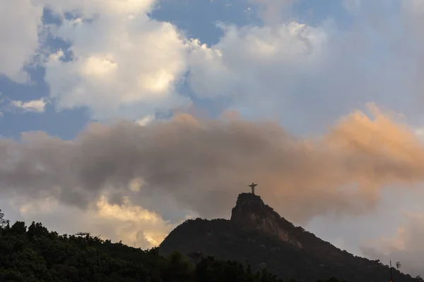 Beautiful View Christ Statue Colorful Orange Sunset Clouds Mountain Top — Stock Photo, Image