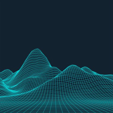 Soyut vektör peyzajı. Siber uzay şebekesi. 3D teknoloji illüstrasyonu.