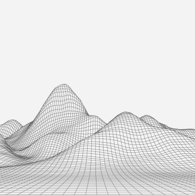 Soyut vektör peyzajı. Siber uzay şebekesi. 3D teknoloji illüstrasyonu.