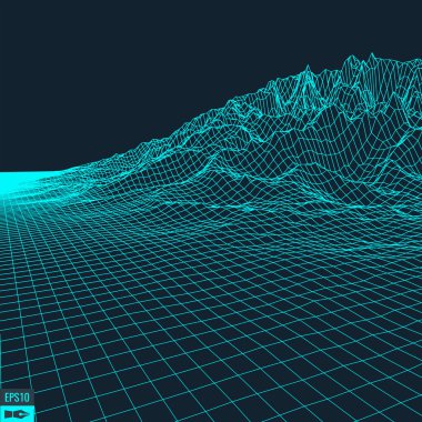Soyut vektör peyzajı. Siber uzay şebekesi. 3D teknoloji vektör illüstrasyonu.