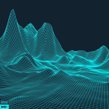 Soyut vektör peyzajı. Siber uzay şebekesi. 3D teknoloji vektör illüstrasyonu.