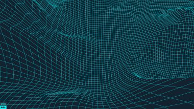 Soyut vektör peyzajı. Siber uzay şebekesi. 3D teknoloji vektör illüstrasyonu.