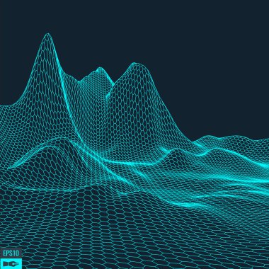 Soyut vektör peyzajı. Siber uzay şebekesi. 3D teknoloji vektör illüstrasyonu.