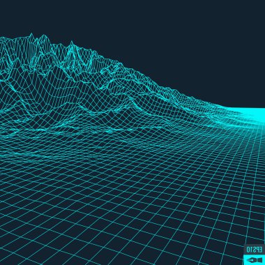 Soyut vektör peyzajı. Siber uzay şebekesi. 3D teknoloji illüstrasyonu.