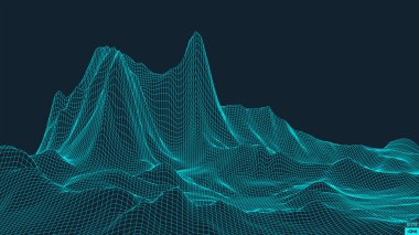 Soyut vektör peyzajı. Siber uzay şebekesi. 3D teknoloji illüstrasyonu.
