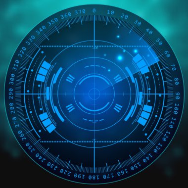 Radar ekranı. Vektör çizim tasarımınız için. Teknolojik altyapı. Fütüristik kullanıcı arabirimi. Radar tarama ile göstermek. Hud. Vektör Eps10.