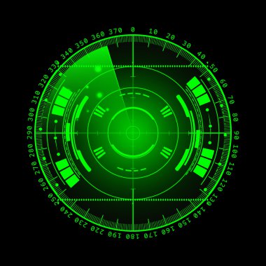 Radar ekranı. Vektör çizim tasarımınız için. Teknolojik altyapı. Fütüristik kullanıcı arabirimi. Radar tarama ile göstermek. Hud. Vektör Eps10.
