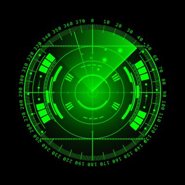 Radar ekranı. Vektör çizim tasarımınız için. Teknolojik altyapı. Fütüristik kullanıcı arabirimi. Radar tarama ile göstermek. Hud. Vektör Eps10.