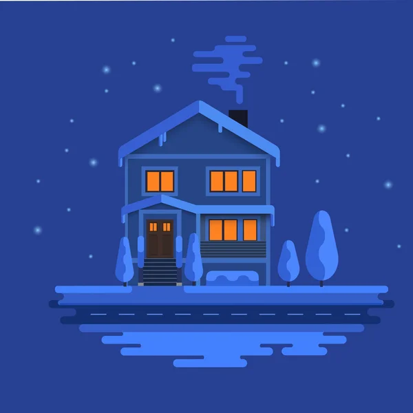 Winters tafereel met Europese stad bij nacht. Mooi huis gedekt sneeuw. Xmas concept gemaakt in vector. Seizoensgebonden architectuur. vlakke afbeelding. — Stockvector