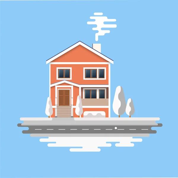Winterhaus. Vektorbild der orangefarbenen Backstein-Weihnachtshäuser, die mit Schnee bedeckt sind. Winter Hintergrund mit Cartoon-Häusern. Winterzeit. — Stockvektor