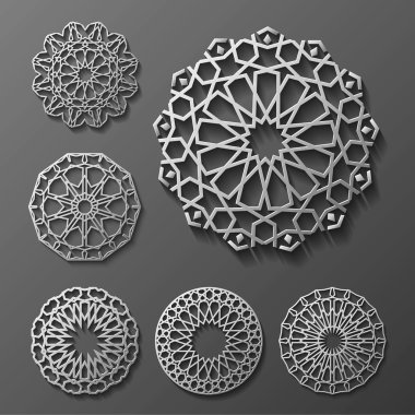 Islamic ornament vector , persian motiff . 3d ramadan round pattern elements . Geometric logo template set. Circular ornamental arabic symbols . clipart