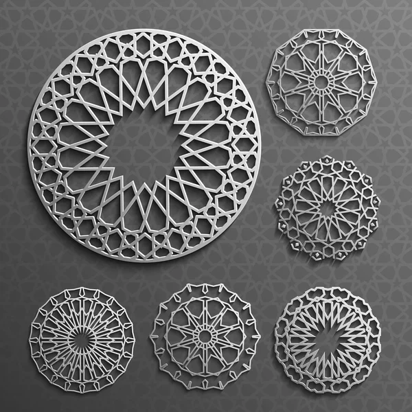 Islamska ornament wektor, perski motiff. 3D ramadan okrągłe elementy wzorca. Geometryczne logo szablon zestawu. Okólnik ozdobnych symbole arabski . — Wektor stockowy