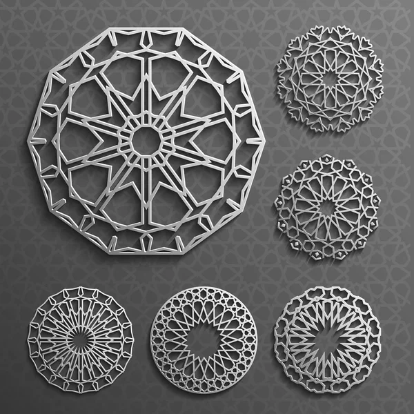 Vector de ornamento islámico, motivo persa. 3d ramadán ronda elementos de patrón. Conjunto de plantillas de logotipo geométrico. Símbolos árabes ornamentales circulares  . — Archivo Imágenes Vectoriales