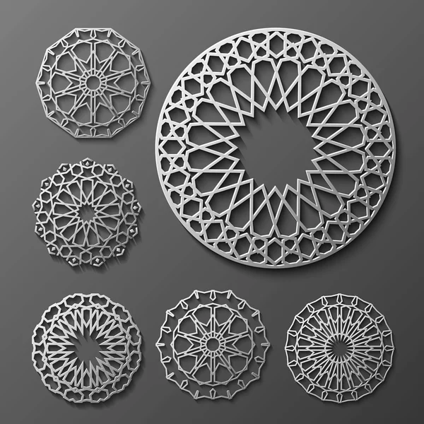 Vettore dell'ornamento islamico, motivo persiano. Elementi 3d ramadan modello rotondo. Set modello logo geometrico. Simboli arabi ornamentali circolari  . — Vettoriale Stock