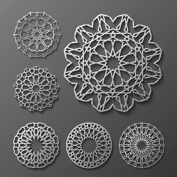 Islamitische sieraad vector, Perzisch motiff. 3D-ramadan ronde patroon elementen. Geometrische logo sjabloon set. Circulaire sier Arabische symbolen . — Stockvector
