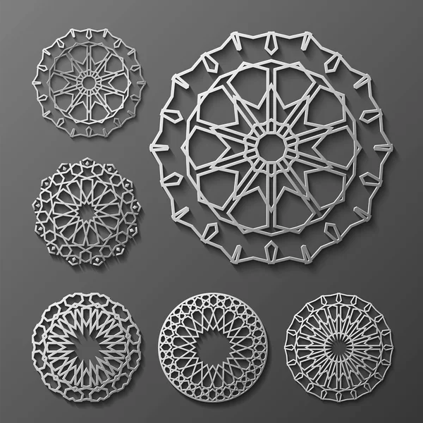 Islamitische sieraad vector, Perzisch motiff. 3D-ramadan ronde patroon elementen. Geometrische logo sjabloon set. Circulaire sier Arabische symbolen . — Stockvector