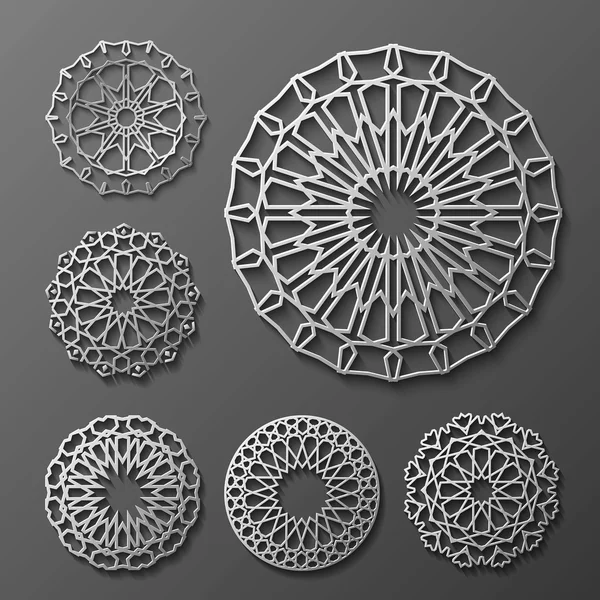 Islamitische sieraad vector, Perzisch motiff. 3D-ramadan ronde patroon elementen. Geometrische logo sjabloon set. Circulaire sier Arabische symbolen . — Stockvector