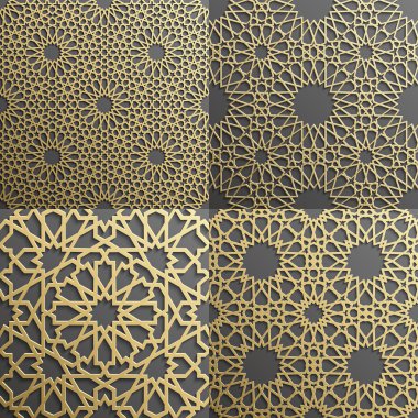 İslami desen 4 süs ler seti. Dikişsiz arap geometrik , doğu süs, hint , farsça motif, 3d. Sonsuz doku duvar kağıdı için kullanılabilir, dolgular, web sayfası arka plan, yüzey dokular.