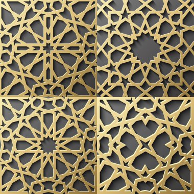 İslami desen 4 süs ler seti. Dikişsiz arap geometrik , doğu süs, hint , farsça motif, 3d. Sonsuz doku duvar kağıdı için kullanılabilir, dolgular, web sayfası arka plan, yüzey dokular.