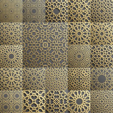 22 süs eşyası İslami desen seti. Dikişsiz arap geometrik , doğu süs, hint , farsça motif, 3d. Sonsuz doku duvar kağıdı için kullanılabilir, dolgular, web sayfası arka plan, yüzey dokular.