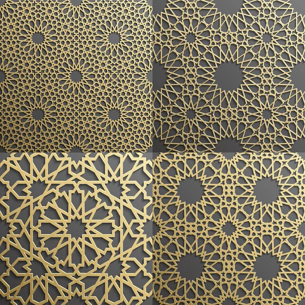 Islamski wzór zestaw 4 ozdoby. Bezszwowe arabski geometryczny, wschód ornament, indyjski, perski motyw, 3D. Nieskończona tekstura może być używana do tapet, wypełnień, tła strony internetowej, tekstur powierzchni. — Wektor stockowy