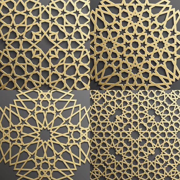 Islamitische patroon set van 4 ornamenten. Naadloze Arabische geometrische, East ornament, Indische, Perzisch motief, 3D. Eindeloze textuur kan worden gebruikt voor behang, vullingen, webpagina-achtergrond, oppervlaktetexturen. — Stockvector