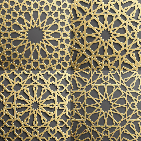 Islamic pattern set of 4 ornaments.Seamless arabic geometric , east ornament, indian , persian motif, 3D. Endless texture can be used for wallpaper,  fills, web page background,surface textures.