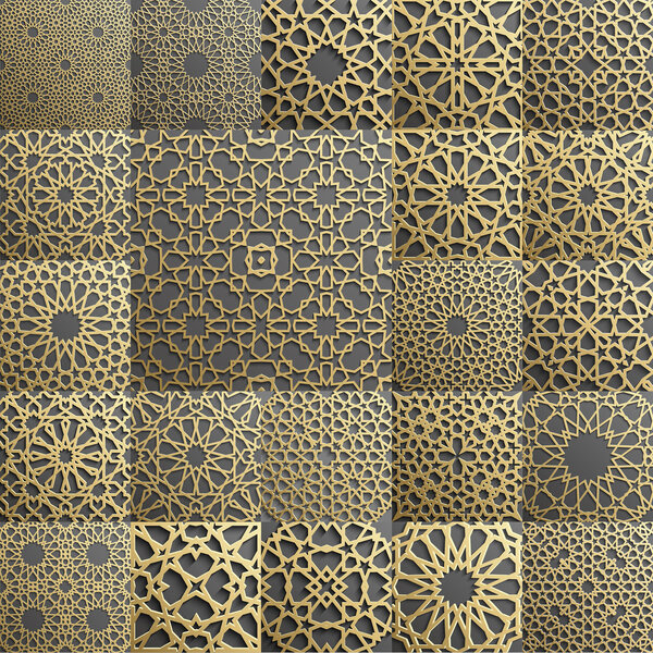 Islamic pattern set of 22 ornaments.Seamless arabic geometric , east ornament, indian , persian motif, 3D. Endless texture can be used for wallpaper,  fills, web page background,surface textures.