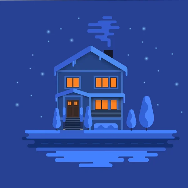 Scena invernale con città europea di notte. Bella casa coperta di neve. Concetto di Natale made in. Architettura stagionale. illustrazione piatta . — Foto Stock
