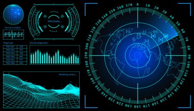 Askeri yeşil radar. Tel kafes manzara . Hedefle ekran. Fütüristik Hud arayüzü. Stok vektör illüstrasyon. Parlayan Küre