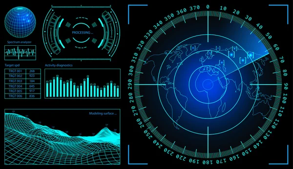 Military green radar. Wireframe landscape . Screen with target. Futuristic HUD interface. Stock vector illustration. Glowing Sphere — Stock Vector