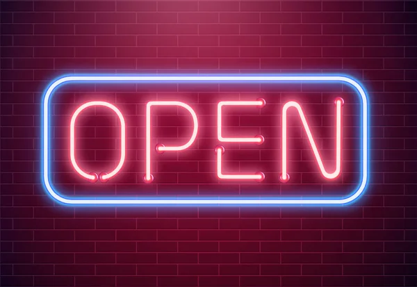 Bar open light Neon Sign. Night store red glowing letters . Open 24 hours sign — Stock Vector