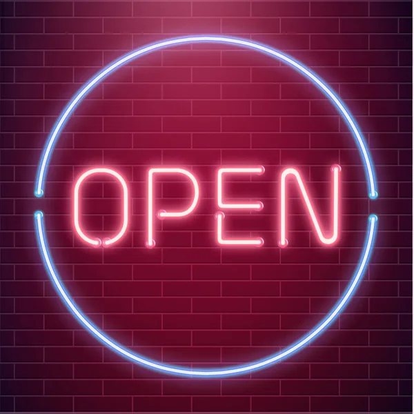 Luz de barra abierta Neon Sign. Tienda nocturna de letras rojas brillantes. Signo abierto las 24 horas — Vector de stock