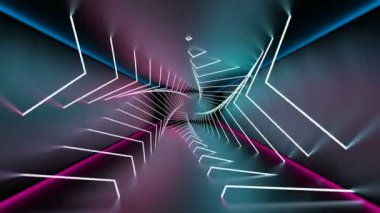 Beton endüstriyel oda, neon kaplamalar dönüyor. Müzik festivali neon ışıkları beton arka plan. Neon yıldız lambaları pürüzsüz döngü 4K 'yı büküyor. 3B Hazırlama.