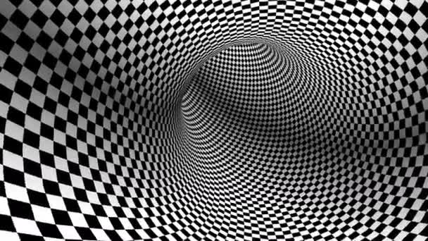 Hypnotisk optisk illusion svart och vitt maskhål. Tunnel vortex checkerboard bakgrund. Kontrollerat maskhål roterar. Checkerboard rör sig. 4k Sömlös ögla. — Stockvideo