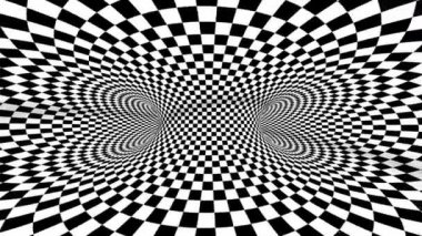 4k kusursuz döngü. Satranç illüzyonu geometrik kaleydoskop. Solucan deliği odası. Siyah ve beyaz optik illüzyon tüneli. Checkerboard hareket ediyor.