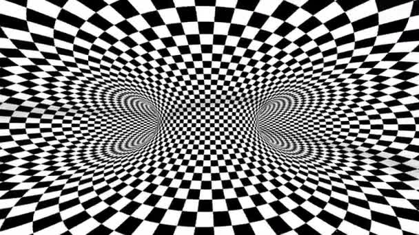 4k loop senza soluzione di continuità. Caleidoscopio geometrico dell'illusione degli scacchi. Stanza dei tunnel spaziali. Tunnel di illusione ottica in bianco e nero. Scacchiera in movimento. — Video Stock